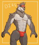  2021 abs accessory anthro barazoku bulge canid canine canis character_name clothing dire_(fortnite) epic_games fortnite hair headband hi_res jrjresq looking_at_viewer male mammal muscular muscular_anthro muscular_male navel nipples pecs pinup pose simple_background smile solo standing thong underwear video_games were werecanid werecanine werewolf wolf yellow_background 