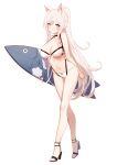  1girl animal_ear_fluff bare_legs bikini breasts choker cleavage closed_mouth front-tie_bikini front-tie_top full_body high_heels highres kincora large_breasts long_hair looking_at_viewer navel noah_fantasy official_art ponytail sidelocks silver_eyes simple_background smile solo standing surfboard swimsuit tachi-e transparent_background very_long_hair white_bikini white_hair 