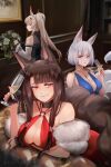  3girls akagi_(azur_lane) akagi_(ruby-laced_beauty)_(azur_lane) alcohol animal_ears ayanami_(azur_lane) ayanami_(nightfall_raiment)_(azur_lane) azur_lane bangs belt black_hair blue_dress blue_eyes blunt_bangs blurry breasts cleavage collarbone commentary couch cup depth_of_field detached_sleeves dress drinking_glass eyebrows_visible_through_hair eyeshadow flower formal fox_ears fox_girl fox_tail hair_between_eyes hair_ornament hairclip headgear holding holding_cup jewelry kaga_(azur_lane) kaga_(exalted_white_wings)_(azur_lane) kyuubi long_hair long_sleeves looking_at_viewer makeup muki_(mayuiki) multiple_girls multiple_tails necklace official_alternate_costume ponytail red_dress red_eyes retrofit_(azur_lane) ribbon-trimmed_sleeves ribbon_trim short_hair sidelocks silver_hair sitting smile tail vase wide_sleeves wine wine_glass 