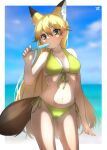  1girl alternate_costume animal_ear_fluff animal_ears bangs bare_arms bare_legs bare_shoulders beach bikini blonde_hair breasts brown_eyes commentary_request cowboy_shot extra_ears eyebrows_visible_through_hair ezo_red_fox_(kemono_friends) food fox_ears fox_girl fox_tail front-tie_bikini front-tie_top green_bikini groin hair_between_eyes highres kemono_friends long_hair looking_at_viewer medium_breasts midriff nail_polish navel orange_nails outdoors popsicle side-tie_bikini solo stomach swimsuit tail thin_(suzuneya) very_long_hair 