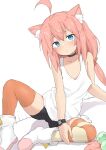  1girl absurdres ahoge animal_ear_fluff animal_ears bike_shorts black_choker blue_eyes blush cat_ears choker closed_mouth collarbone commentary_request eyebrows_visible_through_hair flat_chest highres hinata_channel long_hair looking_at_viewer mismatched_legwear nekomiya_hinata pink_hair simple_background sitting solo striped striped_legwear tank_top virtual_youtuber white_background white_footwear white_tank_top yakihebi 