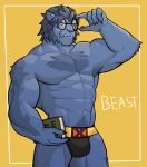  2021 abs anthro barazoku beast_(marvel) better_version_at_source big_muscles book bulge canid canine character_name claws clothing eyewear glasses hair hi_res holding_object jrjresq male mammal marvel muscular navel pecs pinup pose simple_background solo standing thong underwear yellow_background 
