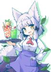  :d animal_ears apron ascot bangs black_bow blue_apron blunt_bangs blush bow breasts brown_eyes buttons cherry collared_shirt commentary dessert food fox_ears fox_girl fox_tail fruit green_outline hair_bow hair_intakes head_tilt highres holding holding_tray ice_cream kareya kitsune large_breasts leaf long_sleeves looking_at_viewer machikado_mazoku medium_hair multicolored multicolored_eyes notebook open_mouth outline parfait pen pen_in_pocket pocket red_neckwear riko_(machikado_mazoku) shirt silver_hair simple_background smile strawberry sundae suspenders tail tray upper_body wafer wafer_stick waitress whipped_cream white_background white_shirt yellow_eyes 