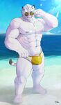  2021 abs absurd_res anthro beach beard biceps bulge claws clothed clothing eyewear facial_hair fangs felid final_fantasy final_fantasy_xiv finger_claws fur genitals grey_eyes hair hi_res hrothgar looking_at_viewer male mammal muscular muscular_anthro muscular_male nipples outside partially_submerged pecs penis radcanine sand scar seaside sharp_teeth shoreline skimpy sky solo speedo speedo_down square_enix standing sunglasses swimwear teeth toe_claws triceps vein veiny_penis video_games water wet wet_body wet_fur white_body white_fur white_hair 