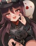  1girl black_nails blush brown_hair closed_eyes dolechan genshin_impact ghost half-closed_eyes hat hu_tao long_sleeves looking_at_viewer nail_polish naughty_face open_mouth red_eyes short_shorts shorts smile solo symbol-shaped_pupils twintails wavy_mouth 