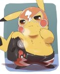  ambiguous_gender anthro blush bodily_fluids clothing cosplay_pikachu_(costume) dorobo_39 fupa hi_res mask nintendo pikachu pikachu_libre pok&eacute;mon pok&eacute;mon_(species) solo sports_mask sportswear suggestive sweat video_games wrestling_mask 