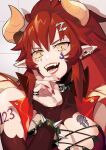  1girl bracelet breast_tattoo breasts choker cleavage collar dragon_girl dragon_horns dragon_wings ear_piercing fangs finger_to_cheek head_tilt highres horns jewelry large_breasts looking_at_viewer mini_wings navel official_art open_mouth piercing pointy_ears puppeteer7777 red_hair smile solo spiked_bracelet spikes standing tattoo virtual_youtuber vshojo wings yellow_eyes zentreya_(vtuber) 
