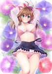  1girl :o areolae arms_up bangs blue_eyes blush bound bra breasts brown_hair eyebrows_visible_through_hair feet_out_of_frame feet_up floral_background flower lace-trimmed_bra lace-trimmed_panties lace_trim large_breasts long_hair long_sleeves misono_emiri official_art open_clothes open_shirt outer_glow panties petticoat photoshop_(medium) pink_bra pink_panties ribbon ribbon_bondage sei_no_shoujo_-_bishoujo_gakuen_3_- side-tie_panties skirt solo strap_slip suspender_skirt suspenders thigh_gap underwear yamakaze_ran 