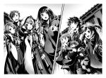  2boys 5girls :d animal_ears animal_on_shoulder arm_up bangs bird bird_on_shoulder blunt_bangs border carrying firo_(tate_no_yuusha_no_nariagari) glass_(tate_no_yuusha_no_nariagari) greyscale hakama holding holding_mask hood hood_up iwatani_naofumi japanese_clothes kazayama_kizuna kimono l&#039;arc_berg_sickle long_sleeves looking_at_viewer mask miko minami_seira monochrome multiple_boys multiple_girls novel_illustration official_art open_mouth raccoon raccoon_ears raccoon_girl raphtalia ribbon-trimmed_sleeves ribbon_trim rishia_ivyred shiny shiny_hair smile split_screen sweatdrop tate_no_yuusha_no_nariagari therese_alexanderite two_side_up white_border wide_sleeves 