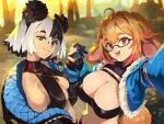  2girls :d ahoge animal_ears bangs black-framed_eyewear black_hair blue_eyes blue_jacket bonnie_(bunny_gif) breasts carrot_hair_ornament character_request commentary cropped_jacket english_commentary fingerless_gloves food-themed_hair_ornament fur_trim glasses gloves hair_between_eyes hair_ornament hairclip highres holding_hands indie_virtual_youtuber interlocked_fingers jacket jewelry large_breasts long_hair looking_at_viewer medium_breasts multicolored_eyes multicolored_hair multiple_girls navel necklace open_clothes open_jacket open_mouth optionaltypo orange_hair outdoors pink_hair rabbit_ears red_eyes samantha_(admiral_bahroo) selfie semi-rimless_eyewear short_hair smile tail two-tone_hair under-rim_eyewear virtual_youtuber white_hair 