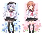  2girls anchor_symbol black_footwear black_legwear black_sailor_collar black_skirt blue_eyes brown_hair commentary_request flat_cap flower folded_ponytail full_body hat hibiki_(kancolle) highres inazuma_(kancolle) kantai_collection kashiwadokoro kneehighs loafers long_hair looking_at_viewer multiple_girls neckerchief pleated_skirt red_neckwear sailor_collar school_uniform serafuku shoes silver_hair simple_background skirt smile solo standing thighhighs white_background 