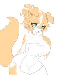  2021 anthro big_breasts blush breasts canid canine canis cleavage clothed clothing domestic_dog fluffy fluffy_tail fur green_eyes hair hand_on_breast hi_res kemono looking_at_viewer mammal multicolored_body multicolored_fur open_mouth open_smile orange_body orange_fur orange_hair paws sbi_arki simple_background smile snout solo towel towel_only two_tone_body two_tone_fur white_body white_fur 