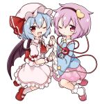  2girls blue_hair blue_shirt commentary_request demon_wings eyebrows_visible_through_hair fang from_side full_body hairband highres holding_hands komeiji_satori mary_janes multiple_girls one_eye_closed open_mouth pink_footwear pink_skirt pointy_ears purple_hair red_eyes red_footwear remilia_scarlet shirt shoes short_hair simple_background skirt slippers smile socks suwa_yasai third_eye touhou white_background white_footwear white_headwear white_shirt white_skirt wings 
