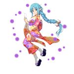  1girl asuna_(sao-alo) blue_eyes blue_hair braid braided_ponytail closed_mouth floating_hair floral_print from_side highres holding japanese_clothes kimono long_hair looking_at_viewer official_art pointy_ears ponytail print_kimono smile socks solo sword_art_online sword_art_online:_memory_defrag transparent_background very_long_hair white_legwear yukata 