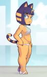  2021 animal_crossing ankha_(animal_crossing) anthro bikini bikini_pull blue_background blue_eyes blue_hair blush breasts butt clothing clothing_pull domestic_cat eyebrows felid feline felis female fur hair high_heels makeup mammal mascara nintendo short_hair side_view simple_background small_breasts solo striped_tail stripes swimwear swimwear_pull ta777371 thick_thighs uraeus video_games walking yellow_body yellow_fur 