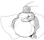  3_toes 4_fingers antennae_(anatomy) anthro arthropod belly black_and_white content eyebrows eyes_closed fat_furs feet fingers hand_on_stomach happy insect monochrome overweight pillow simple_background slightly_chubby smile solo solo_focus toes wassnamink white_background 
