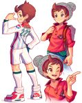  1boy arnaud_tegny bangs beanie brown_bag brown_eyes brown_hair buttons closed_mouth commentary denim grey_headwear hat highres holding holding_poke_ball holding_strap jeans kneepits long_sleeves male_focus multiple_views pants plaid poke_ball poke_ball_(basic) pokemon pokemon_(game) pokemon_swsh red_shirt shirt shoes short_hair shorts sleeves_rolled_up smile socks standing swept_bangs victor_(pokemon) white_footwear white_legwear white_shirt white_shorts 
