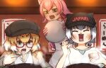  3girls alternate_eyewear animal_ears apron baseball_cap blonde_hair bow bowtie brown_jacket cabbie_hat casual commentary_request eating elbow_gloves extra_ears eyebrows_visible_through_hair fangs food glasses gloves green_eyes grey_hair hat jacket jaguar_(kemono_friends) jaguar_ears jaguar_girl kemono_friends kemono_friends_3 multicolored_hair multiple_girls noodles official_alternate_costume open_mouth otter_ears otter_girl panther_ears panther_girl peach_panther_(kemono_friends) pink_gloves pink_hair pink_neckwear ramen shirt short_hair short_sleeves small-clawed_otter_(kemono_friends) sweatdrop t-shirt tapt67ew tray two-tone_hair white_apron white_hair white_shirt yellow_eyes 