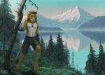  2021 4_toes 5_fingers abs anthro aurru brown_body brown_fur day detailed_background digital_media_(artwork) eyebrows eyelashes feet felid fingers fur grass jewelry lion male mammal necklace outside pantherine plant sky smile solo toes 