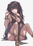  1girl absurdres alternate_costume bangs black_hair blunt_bangs bodystocking bodysuit bracelet breasts bridal_gauntlets circlet cleavage fire_emblem fire_emblem_awakening highres jewelry large_breasts long_hair looking_at_viewer medium_breasts purple_eyes shimizu_akina smile solo tharja_(fire_emblem) tiara torn_clothes torn_legwear two_side_up undressing 