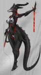  anthro areola big_areola biped black_body black_nipples breasts canid canine cybernetics cyborg dragon female fox genitals gilgash hi_res horn machine mammal melee_weapon multicolored_body nipples pussy red_eyes robot solo standing sword synth two_tone_body weapon 