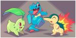  ;d arnaud_tegny border chikorita closed_eyes commentary cyndaquil english_commentary fire gen_2_pokemon highres looking_at_another one_eye_closed open_mouth pokemon purple_eyes red_eyes sharp_teeth smile standing starter_pokemon_trio teeth toes tongue tongue_out totodile white_border 