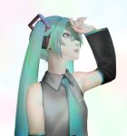  1girl blue_neckwear detached_sleeves hatsune_miku looking_up mi8pq necktie twintails vocaloid 