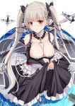  1girl absurdres aircraft airplane azur_lane between_breasts black_dress black_nails breasts cleavage clothing_cutout dress eyebrows_visible_through_hair flight_deck formidable_(azur_lane) frilled_dress frills gatari gothic_lolita hair_ribbon highres large_breasts lolita_fashion long_hair neckwear_between_breasts pantyhose platinum_blonde_hair red_eyes ribbon shoulder_cutout simple_background solo standing standing_on_liquid twintails two-tone_dress two-tone_ribbon very_long_hair 
