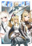  4girls animal_ear_fluff animal_ears arknights armor armored_dress aunt_and_niece bangs black_gloves black_headwear blemishine_(arknights) blonde_hair blue_eyes breasts cape closed_mouth commentary_request eyebrows_visible_through_hair garrison_cap gloves greaves grey_eyes hair_ribbon hand_on_hip hand_up hat headset high_collar highres holding holding_shield holding_weapon horse_ears horse_girl horse_tail k@bu kingdom_of_kazimierz_logo long_hair long_sleeves looking_at_viewer midriff multiple_girls navel nearl_(arknights) platinum_(arknights) ponytail ribbon shield shirt short_eyebrows shoulder_armor siblings sidelocks silver_hair sisters smile sword tail upper_body weapon whislash_(arknights) white_cape white_shirt yellow_eyes 