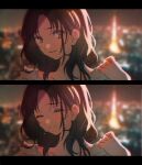  1girl blurry blurry_background blush brown_hair city city_lights cityscape closed_mouth collarbone crying crying_with_eyes_open highres hmng long_hair looking_at_viewer multiple_views night open_mouth original purple_eyes shirt smile tears tokyo_(city) tokyo_tower white_shirt 