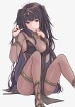  1girl absurdres alternate_costume bangs black_hair blunt_bangs bodystocking bodysuit bracelet breasts bridal_gauntlets circlet cleavage fire_emblem fire_emblem_awakening highres jewelry large_breasts long_hair looking_at_viewer medium_breasts purple_eyes shimizu_akina smile solo tharja_(fire_emblem) tiara two_side_up undressing 