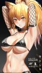  1girl absurdres animal_ear_fluff animal_ears arknights armpits arms_behind_head bare_shoulders bikini black_bikini black_choker blonde_hair blush breasts choker collarbone commentary copyright_name elbow_gloves fishnet_gloves fishnets gloves highres large_breasts lion_ears long_hair looking_at_viewer navel parted_lips pumpkin_king siege_(arknights) solo stomach sweat swimsuit upper_body yellow_eyes 