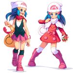  1girl arnaud_tegny bag beanie black_legwear blue_eyes blue_hair blush boots bracelet closed_mouth coat commentary dawn_(pokemon) duffel_bag eyelashes hat highres holding holding_poke_ball jewelry kneehighs knees long_sleeves multiple_views open_mouth over-kneehighs pink_footwear poke_ball pokemon pokemon_(game) pokemon_dppt pokemon_platinum red_coat red_scarf repeat_ball scarf smile thighhighs tongue white_background white_bag white_headwear white_legwear white_scarf yellow_bag 