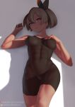  1girl bangs bea_(pokemon) black_bodysuit black_hairband bodysuit bow_hairband breasts commentary_request covered_abs covered_navel covered_nipples dark_skin dark_skinned_female eyebrows_visible_through_hair eyelashes grey_eyes grey_hair gym_leader hair_between_eyes hairband highres looking_at_viewer parted_lips pink_lips pokemon pokemon_(game) pokemon_swsh putcher short_hair solo toned watermark web_address 