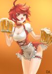  1girl ahoge alcohol bare_legs beer beer_mug breasts choker cleavage collarbone cowboy_shot cross-laced_clothes cup deekei dirndl dress fire_emblem fire_emblem_fates fire_emblem_heroes frilled_choker frilled_dress frills german_clothes gradient gradient_background highres hinoka_(fire_emblem) leaning_forward looking_at_viewer medium_breasts mug oktoberfest open_mouth orange_eyes puffy_sleeves red_hair scoop_neck short_dress short_hair short_sleeves signature skirt skirt_lift solo thigh_strap thighs 