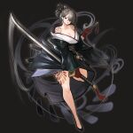  1girl absurdres akeha_(nier_reincarnation) assassin bare_shoulders black_footwear black_kimono breasts cleavage earrings flower_tattoo full_body gloves grey_hair grey_lips gurimjang hair_bun hair_over_one_eye highres holding holding_pipe holding_sword holding_weapon japanese_clothes jewelry kimono large_breasts leg_tattoo nier_(series) nier_reincarnation no_bra obi ootachi pipe red_gloves reverse_grip sash scabbard sheath short_hair short_ponytail shoulder_tattoo smoke solo sword tattoo thick_thighs thighs weapon white_kimono wide_sleeves 