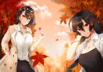  21doolybj 2girls absurdres autumn_leaves azur_lane baltimore_(azur_lane) beige_coat black_hair black_skirt braid breasts brown_hair cleavage coat earrings eyewear_on_head from_below hair_between_eyes hand_in_hair highres huge_filesize jewelry large_breasts long_hair looking_at_viewer medium_breasts multiple_girls necklace open_clothes open_coat partially_unbuttoned red_eyes red_ribbon ribbon shirt skirt smile taihou_(azur_lane) tree white_coat white_shirt 