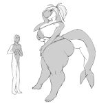  2019 anthro audunor big_breasts big_butt bikini biped breasts butt cetacean clothing digital_media_(artwork) duo female hair huge_breasts huge_butt human larger_female male mammal marine monochrome nipple_outline simple_background size_difference slightly_chubby smaller_male standing swimwear thick_tail thick_thighs white_background yulara 
