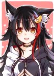  1girl :d animal_ear_fluff animal_ears black_hair breasts choker collarbone fingers_together highlights hololive long_hair looking_at_viewer mikimo_nezumi multicolored_hair ookami_mio open_mouth orange_eyes red_hair smile wolf_ears 