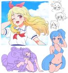  +_+ 3girls :d :o ;) ;d ^^^ ^_^ ^o^ aikatsu! aikatsu!_(series) bikini blonde_hair blouse blue_bikini blue_eyes blue_hair blue_sky blue_theme blush bow chibi chibi_inset closed_eyes closed_mouth cloud cloudy_sky collared_shirt cropped_legs day dress ebipon eyebrows_visible_through_hair frilled_legwear from_side groin hair_bow hairband half-closed_eyes halterneck head_tilt highres holding holding_innertube hoshimiya_ichigo idol innertube kiriya_aoi limited_palette lineart loafers long_hair looking_at_viewer looking_to_the_side mascot midriff multiple_girls multiple_views muted_color navel neckerchief one_eye_closed open_mouth pleated_skirt puffy_short_sleeves puffy_sleeves purple_eyes purple_hair purple_theme red_eyes red_hairband red_neckwear salute school_uniform shibuki_ran shiny shiny_hair shiny_skin shirt shoes short_sleeves side_ponytail sidelocks sitting sketch skirt sky smile socks soleil_(aikatsu!) sparkle sparkling_eyes star_(symbol) starlight_academy_uniform stuffed_animal stuffed_toy summer_uniform surprised swimsuit tanuki upper_body white_background white_blouse yoban 