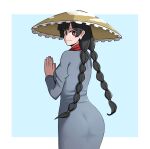  1girl ajirogasa ass bangs black_hair blue_background braid cowboy_shot dress earlobes english_commentary grey_dress hands_together hat highres long_hair long_sleeves looking_at_viewer looking_back mata_(matasoup) palms_together red_eyes red_neckwear simple_background smile snow solo touhou twin_braids two-tone_background white_background yatadera_narumi 