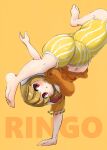  1girl animal_ears balancing barefoot blonde_hair breasts bunny_ears character_name commentary covered_nipples eyebrows_visible_through_hair floppy_ears full_body handstand highres impossible_hair itatatata medium_breasts midriff navel orange_background orange_shirt plump red_eyes ringo_(touhou) shirt short_hair short_sleeves shorts simple_background soles solo striped striped_shorts toes touhou yellow_shorts 