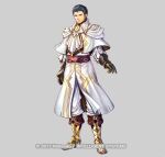 1boy alternate_costume arm_up armor armored_boots belt black_hair boots capelet closed_mouth cravat fire_emblem fire_emblem:_thracia_776 fire_emblem_heroes gloves looking_at_viewer male_focus official_alternate_costume reinhardt_(fire_emblem) solo source_request takaya_tomohide 
