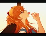  1girl bangs blue_eyes candy commentary expressionless food from_side hair_between_eyes hand_up head_back holding holding_candy holding_food holding_lollipop interface_headset jesse_(pixiv34586727) letterboxed lollipop long_hair looking_up neck_ribbon neon_genesis_evangelion orange_hair portrait rebuild_of_evangelion red_neckwear red_ribbon ribbon school_uniform shikinami_asuka_langley shiny shiny_hair shirt solo souryuu_asuka_langley white_shirt 