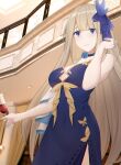  1girl alternate_costume asymmetrical_clothes blonde_hair blue_dress breasts cup dress drinking_glass feather_hair_ornament highres holding holding_cup large_breasts lexington_(warship_girls_r) long_hair platinum_blonde_hair sleeveless sleeveless_dress solo very_long_hair warship_girls_r wine_glass zhixiang_zhi 