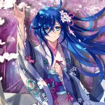  1girl aqua_eyes blue_hair blush cherry_blossoms dare_ga_tame_no_alchemist day fence flower hair_flower hair_ornament japanese_clothes kimono long_hair looking_at_viewer outdoors setsuna_(dare_ga_tame_no_alchemist) smile solo third-party_edit tree wind 