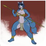  anthro barefoot blue_body blue_fur blue_hair box-s breasts canid canine clothing curvy_figure feet female fox fur green_eyes hair hi_res jewelry krystal mammal nintendo pinup plantigrade pose solo star_fox thick_thighs video_games weapon 