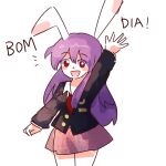  1girl animal_ears bangs blouse bunny_ears buttons collared_blouse crescent crescent_pin light_purple_hair long_hair long_sleeves medium_skirt moon_rabbit necktie ngtk_k pink_skirt pleated_skirt portuguese_text purple_hair red_eyes red_neckwear reisen_udongein_inaba skirt solo touhou translated waving white_blouse 