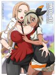  2girls ass ass_grab bangs bea_(pokemon) black_bodysuit black_choker black_hairband black_skirt blonde_hair blouse blue_eyes bodysuit bodysuit_under_clothes border bow_hairband bracelet breasts character_name choker cleavage closed_mouth coat collared_shirt commentary copyright_name covered_nipples dark_skin dark_skinned_female earrings eyelashes green_eyes grey_hair grey_legwear gym_leader hair_between_eyes hairband hoop_earrings jewelry large_breasts long_hair multiple_girls oleana_(pokemon) open_mouth outside_border pantyhose pokemon pokemon_(game) pokemon_swsh print_shirt print_shorts red_blouse red_lips reward_available sano_br shiny shiny_skin shirt short_hair short_sleeves shorts side_slit side_slit_shorts skirt sweatdrop teeth tongue white_border white_coat yuri 