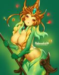  1girl absurdres areola_slip areolae breasts coin colored_skin crown drooling gold_coin green_background heheneko highres large_breasts league_of_legends looking_at_viewer mermaid monster_girl nami_(league_of_legends) navel red_eyes saliva simple_background staff tagme vastaya yellow_skin 